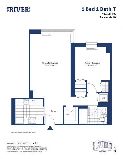 Floor plan for 1 bed, 1 bath, 761 sqft